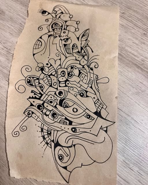 Ink drawing on torn kraft paper