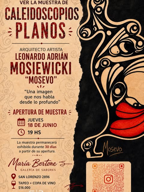 Caleidoscopios Planos opening poster — red and black on textured paper