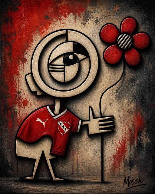 Mixed media figure holding a red flower on textured red background